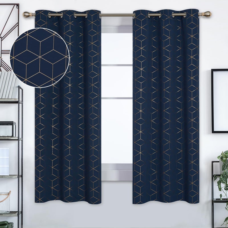 Deconovo Grommet Blackout Curtains, Room Darkening Gold Diamond Drapes, 2 Panels, Navy Blue, 42W x 63L Inch, for Bedroom and Living Room - Image 2